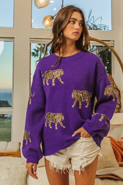 BiBi Tiger Pattern Long Sleeve Sweater-Sweaters/Sweatshirts-Inspired by Justeen-Women's Clothing Boutique