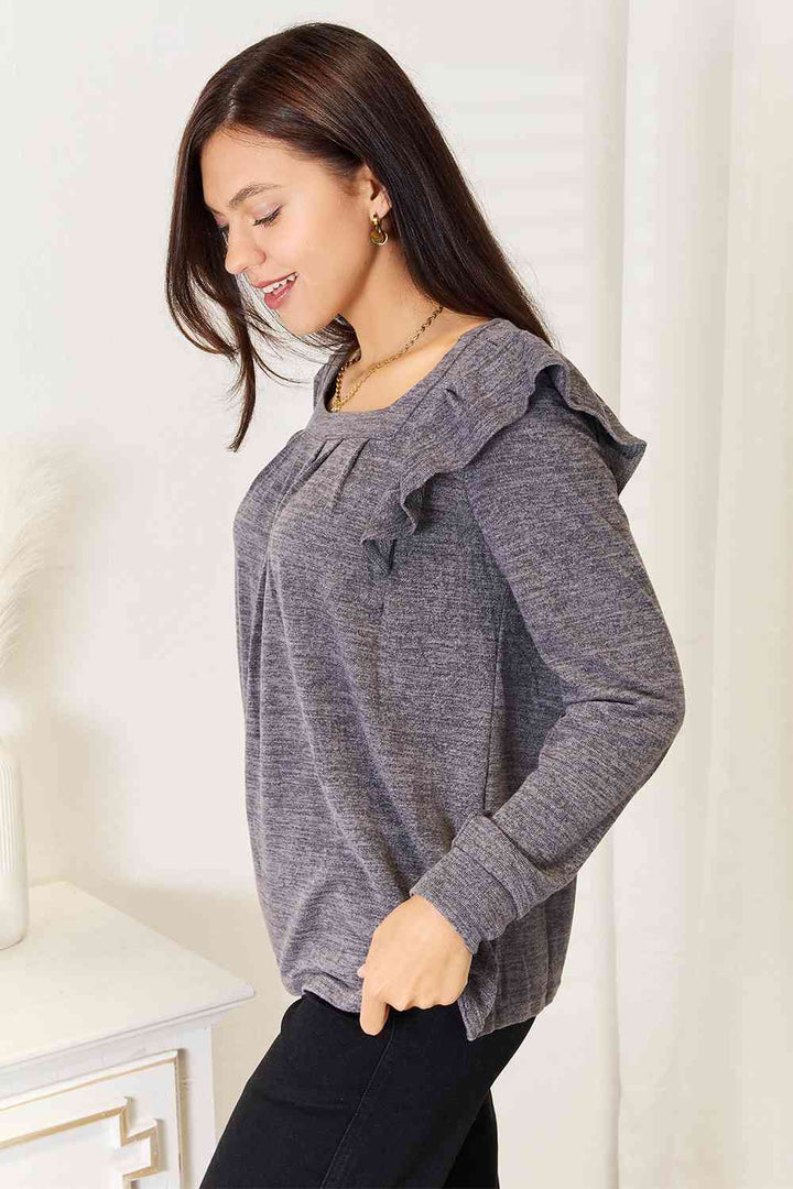 Double Take Square Neck Ruffle Shoulder Long Sleeve T-Shirt-Long Sleeve Tops-Inspired by Justeen-Women's Clothing Boutique in Chicago, Illinois