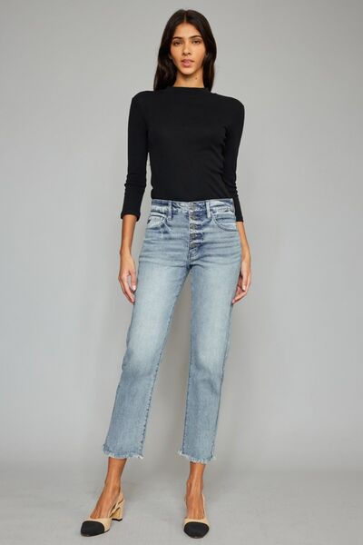 Kancan High Waist Button Fly Raw Hem Cropped Straight Jeans-Denim-Inspired by Justeen-Women's Clothing Boutique in Chicago, Illinois