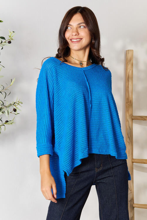 Zenana Full Size Round Neck High-Low Slit Knit Top-Long Sleeve Tops-Inspired by Justeen-Women's Clothing Boutique in Chicago, Illinois