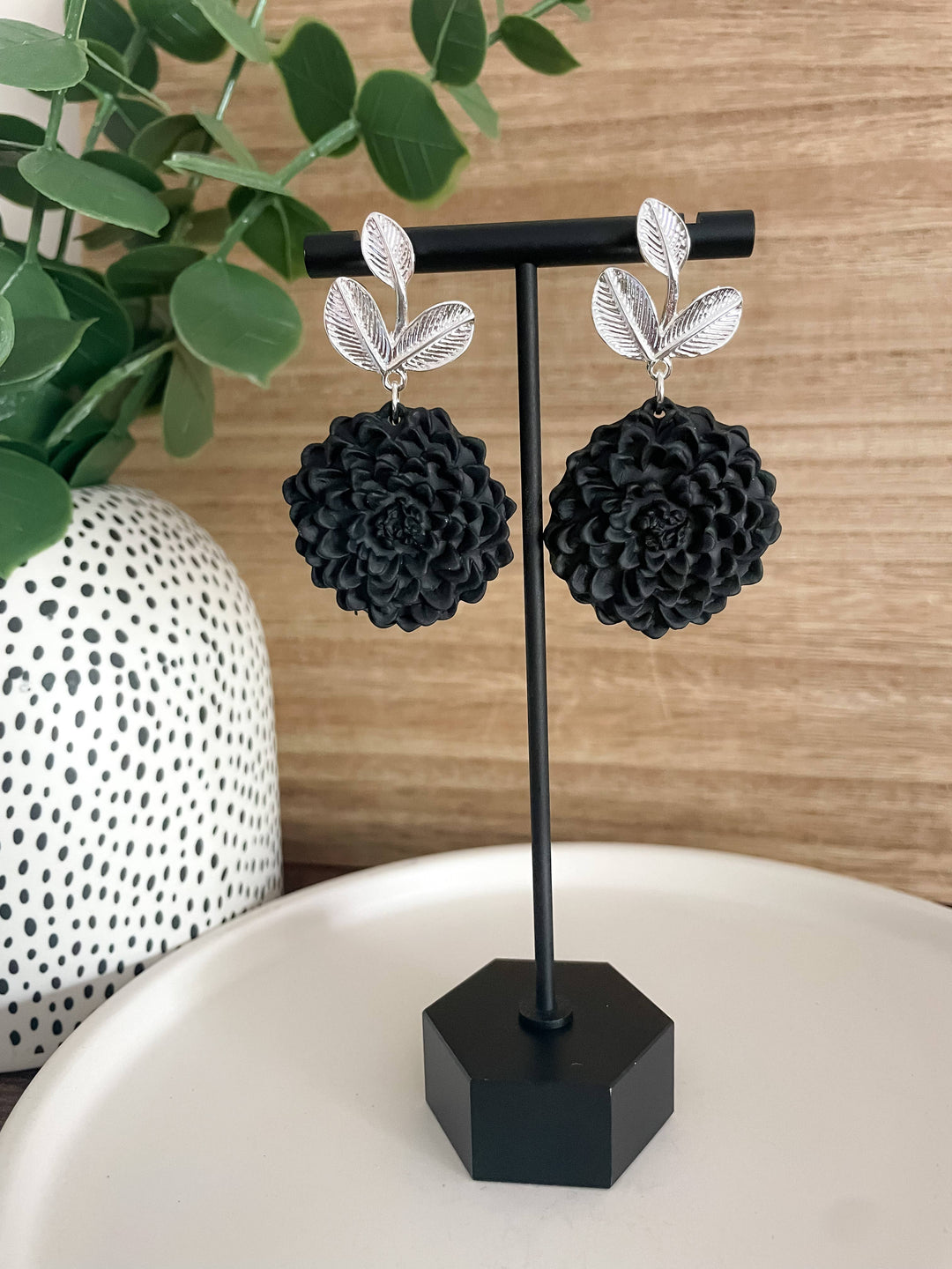 Black Chrysanthemum Clay Dangles Earrings-Earrings-Inspired by Justeen-Women's Clothing Boutique in Chicago, Illinois