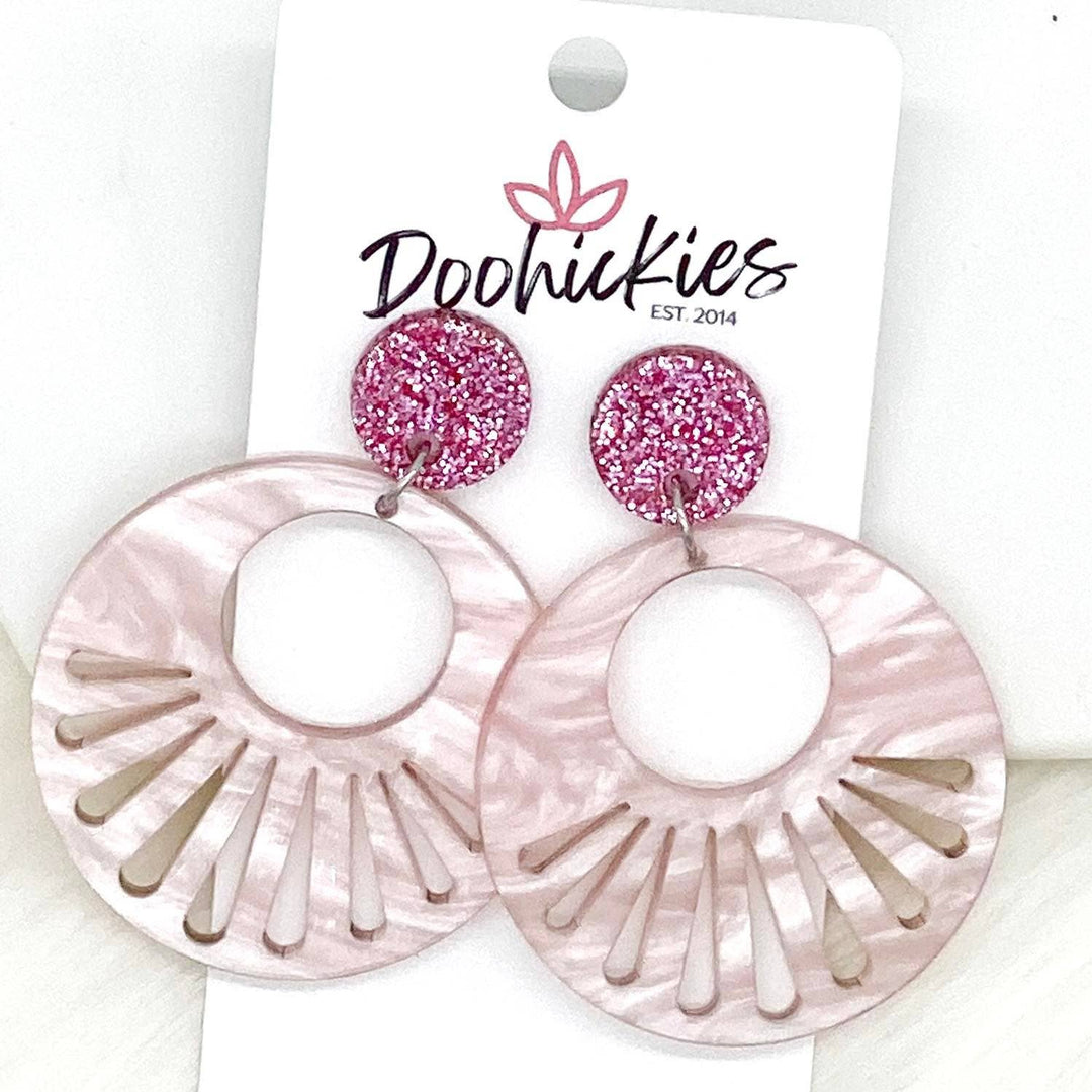 Disco Starburst Acrylic Dangle Earrings, Pink Pearl Swirl-Earrings-Inspired by Justeen-Women's Clothing Boutique in Chicago, Illinois