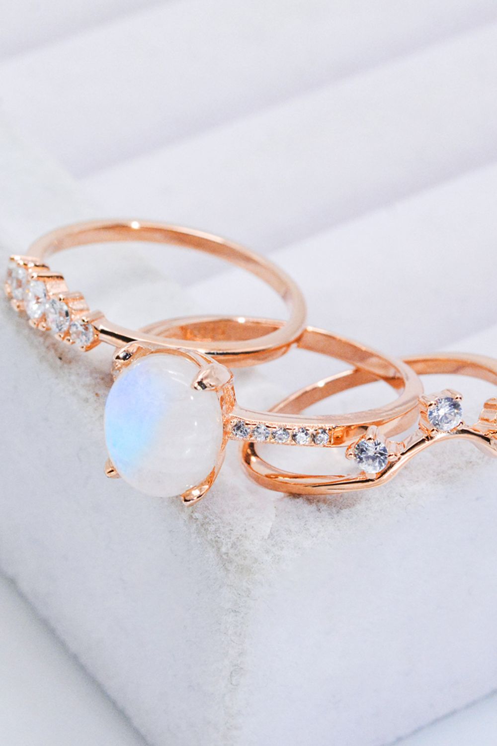 Natural Moonstone and Zircon Three-Piece Ring Set-Rings-Inspired by Justeen-Women's Clothing Boutique in Chicago, Illinois
