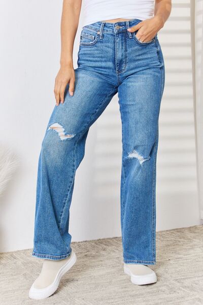 Judy Blue Full Size High Waist Distressed Straight-Leg Jeans-Denim-Inspired by Justeen-Women's Clothing Boutique in Chicago, Illinois