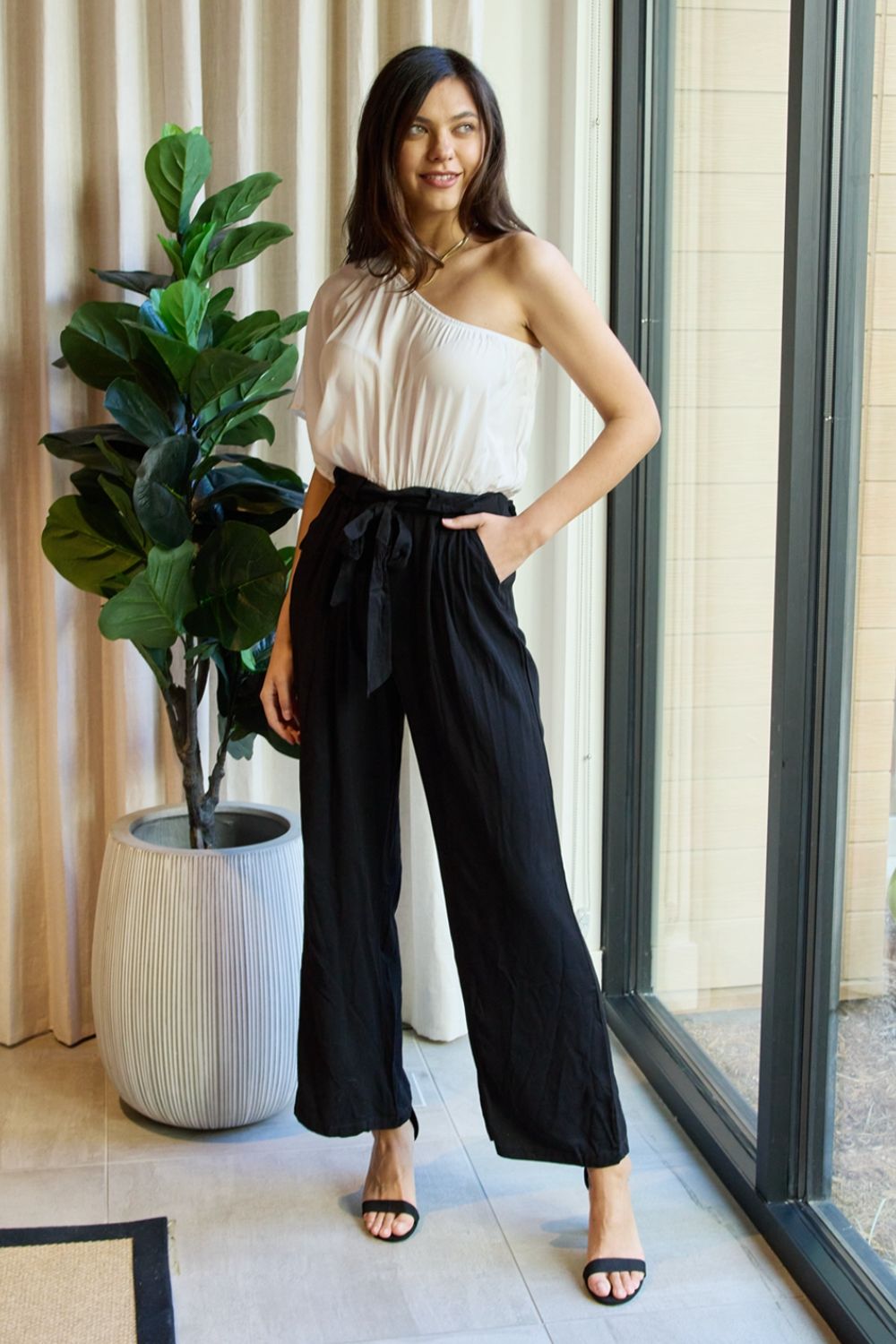 Dress Day Marvelous in Manhattan One-Shoulder Jumpsuit in White/Black-Jumpsuits-Inspired by Justeen-Women's Clothing Boutique in Chicago, Illinois