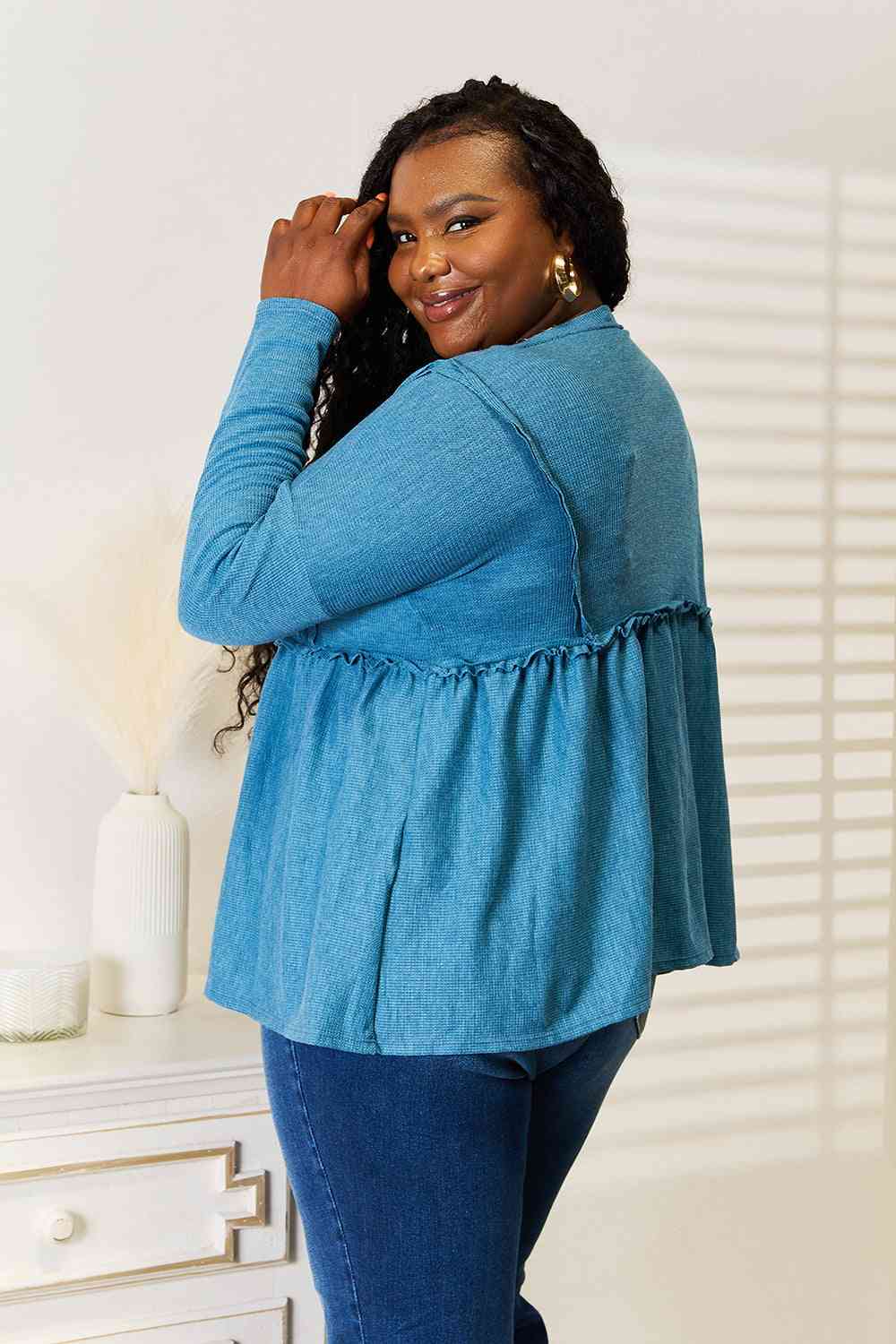 Jade By Jane Full Size Frill Trim Babydoll Blouse-Long Sleeve Tops-Inspired by Justeen-Women's Clothing Boutique in Chicago, Illinois