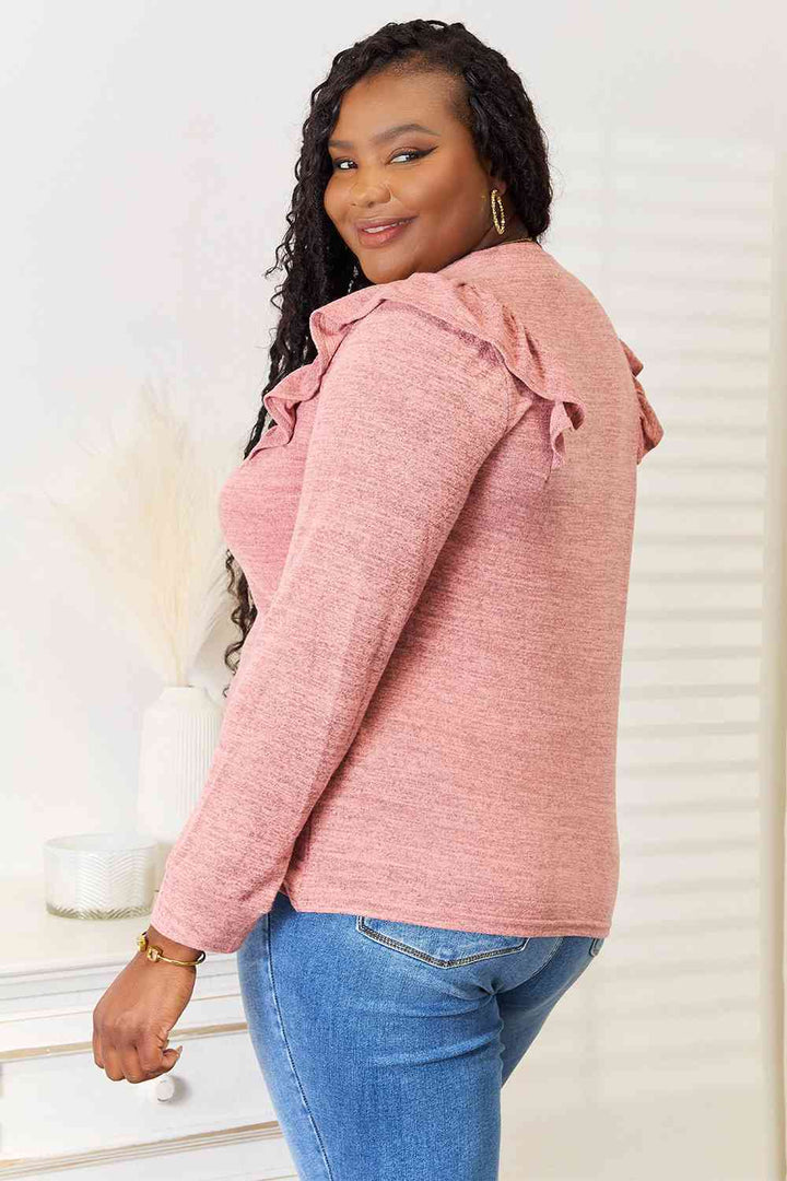 Double Take Ruffle Shoulder Long Sleeve T-Shirt-Long Sleeve Tops-Inspired by Justeen-Women's Clothing Boutique in Chicago, Illinois