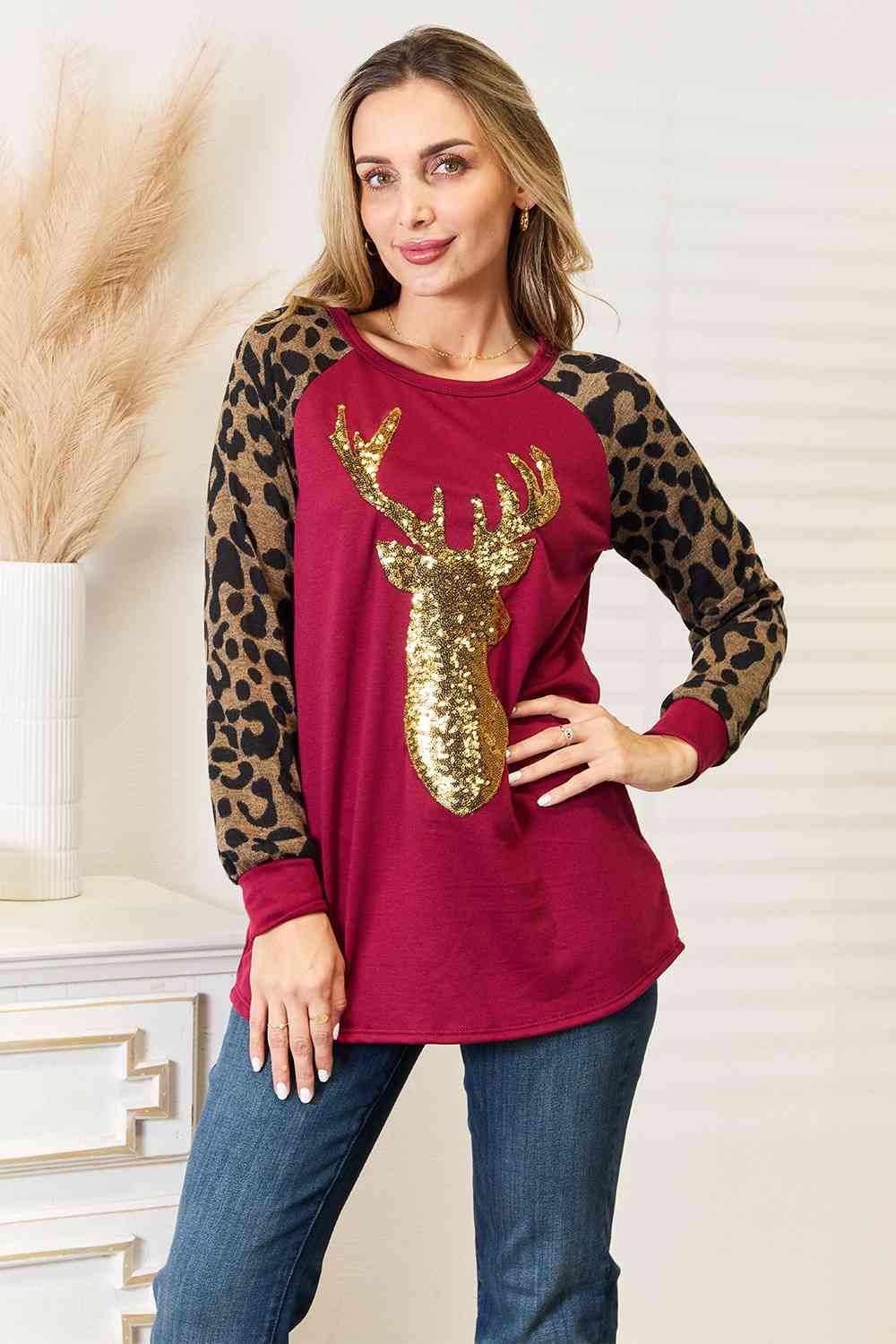 Heimish Full Size Animal Print Reindeer Top-Long Sleeve Tops-Inspired by Justeen-Women's Clothing Boutique in Chicago, Illinois