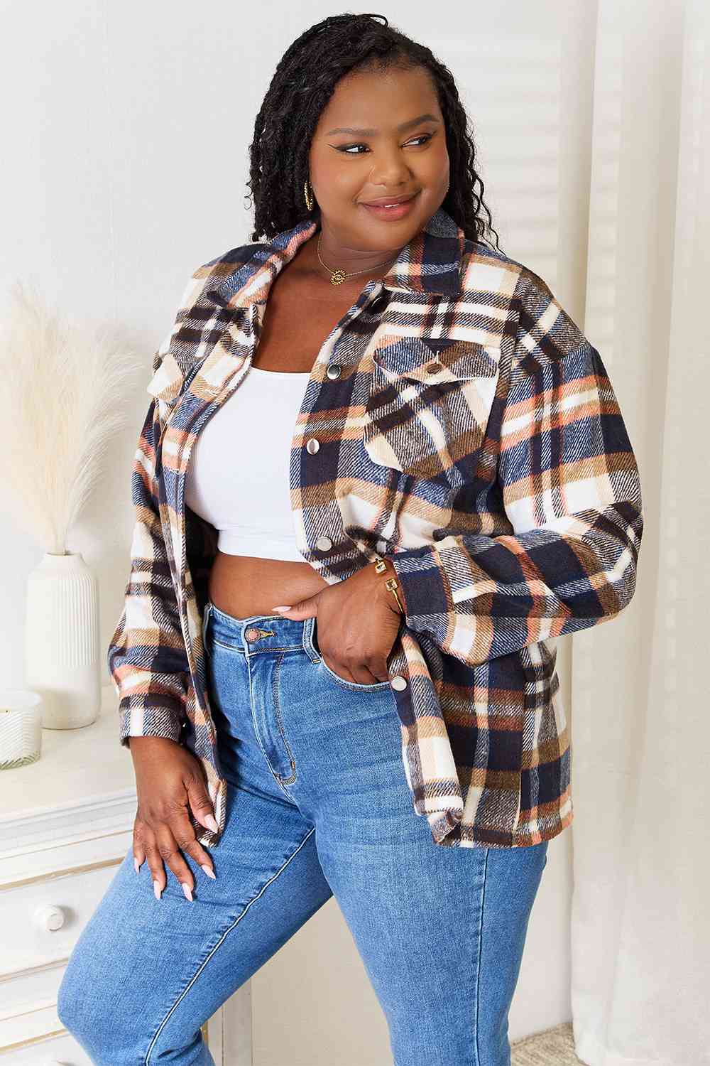 Double Take Plaid Button Front Shirt Jacket with Breast Pockets-Outerwear-Inspired by Justeen-Women's Clothing Boutique in Chicago, Illinois