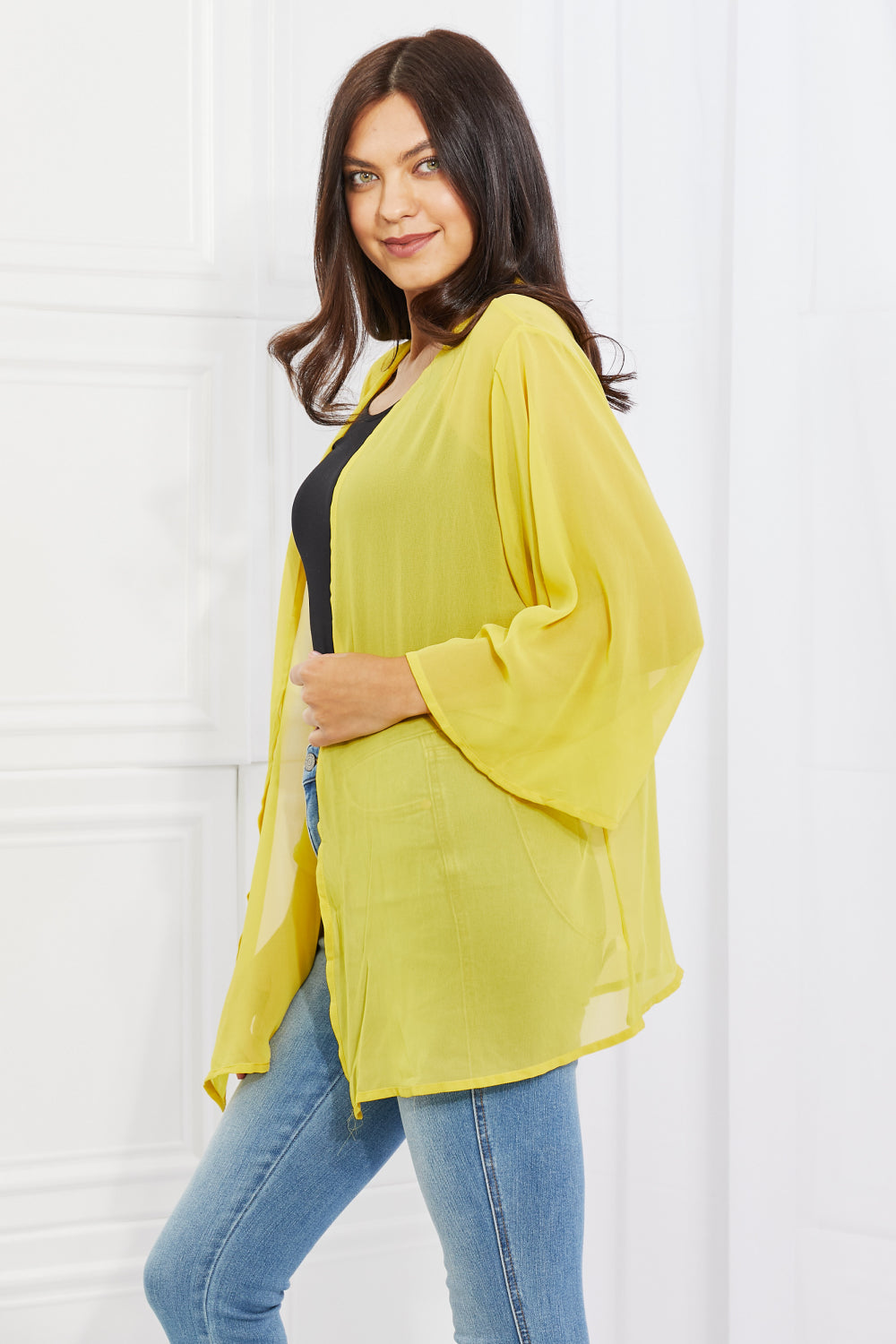 Melody Just Breathe Full Size Chiffon Kimono in Yellow-Cardigans-Inspired by Justeen-Women's Clothing Boutique in Chicago, Illinois