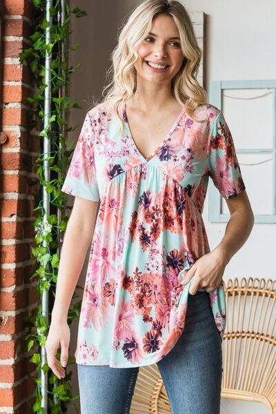 Heimish Full Size Floral V-Neck Short Sleeve Babydoll Blouse-Short Sleeve Tops-Inspired by Justeen-Women's Clothing Boutique in Chicago, Illinois
