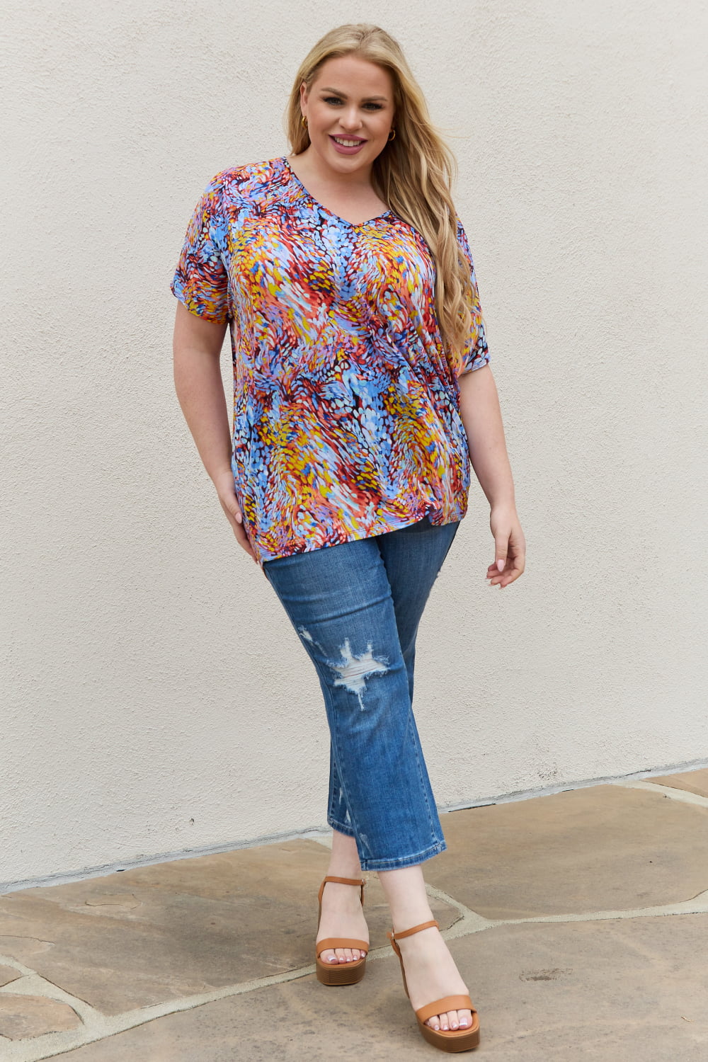 Be Stage Full Size Printed Dolman Flowy Top-Short Sleeve Tops-Inspired by Justeen-Women's Clothing Boutique in Chicago, Illinois
