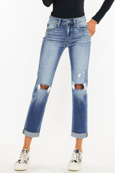 Kancan High Waist Distressed Hem Detail Cropped Straight Jeans-Denim-Inspired by Justeen-Women's Clothing Boutique in Chicago, Illinois