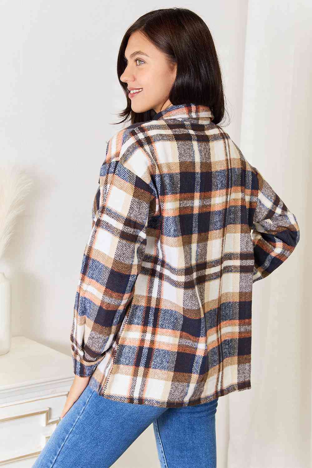 Double Take Plaid Button Front Shirt Jacket with Breast Pockets-Outerwear-Inspired by Justeen-Women's Clothing Boutique in Chicago, Illinois