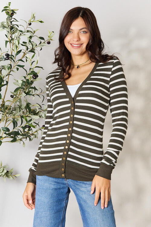 Zenana Full Size Striped Snap Down Cardigan-Cardigans + Kimonos-Inspired by Justeen-Women's Clothing Boutique in Chicago, Illinois