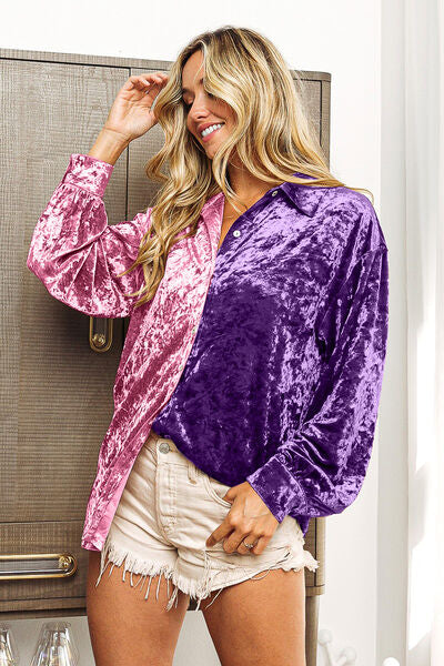BiBi Contrast Button Up Long Sleeve Shirt-Long Sleeve Tops-Inspired by Justeen-Women's Clothing Boutique in Chicago, Illinois