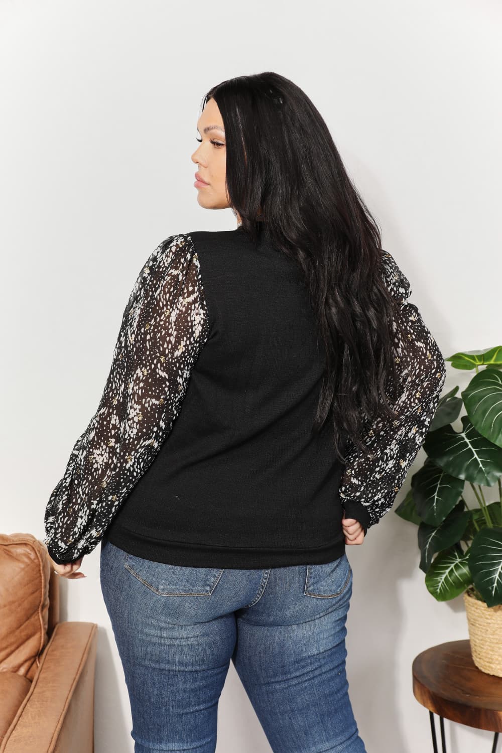 And The Why Full Size Foil Printed Sleeve Top-Long Sleeve Tops-Inspired by Justeen-Women's Clothing Boutique in Chicago, Illinois