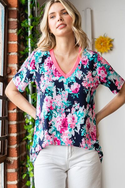 Heimish Full Size Floral V-Neck Short Sleeve T-Shirt-100 Short Sleeve Tops-Inspired by Justeen-Women's Clothing Boutique in Chicago, Illinois