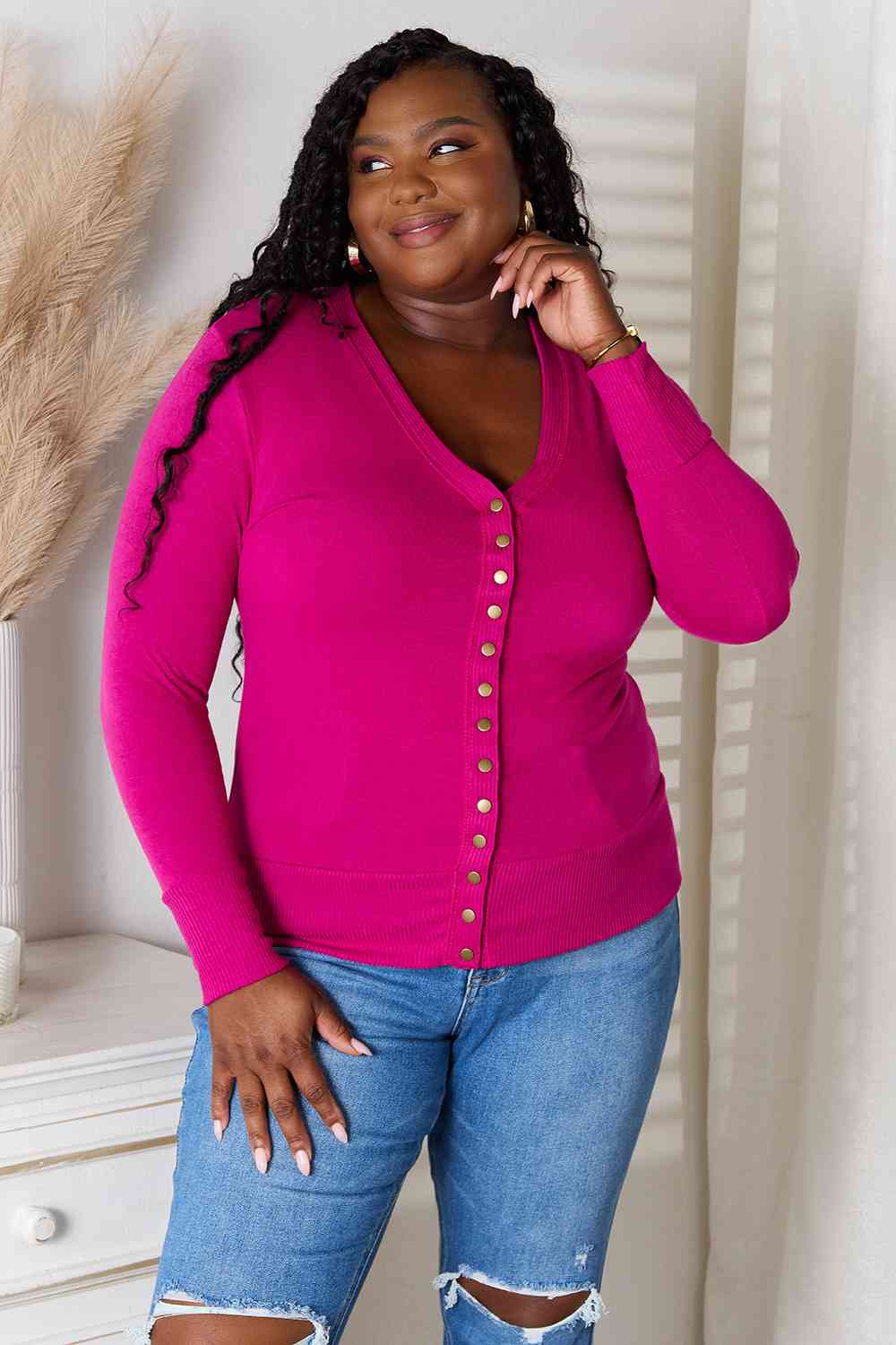 Zenana Full Size V-Neck Long Sleeve Cardigan-Cardigans + Kimonos-Inspired by Justeen-Women's Clothing Boutique in Chicago, Illinois