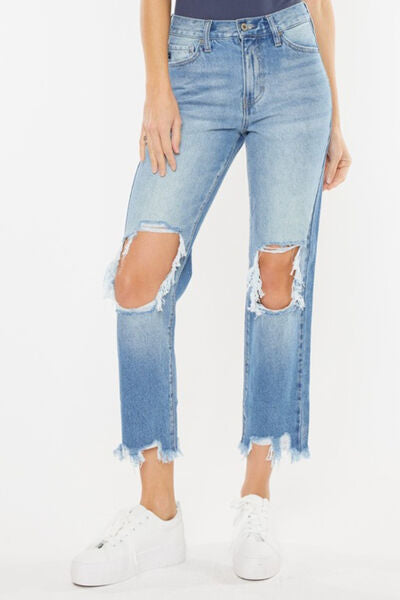 Kancan High Waist Chewed Up Straight Mom Jeans-Denim-Inspired by Justeen-Women's Clothing Boutique in Chicago, Illinois