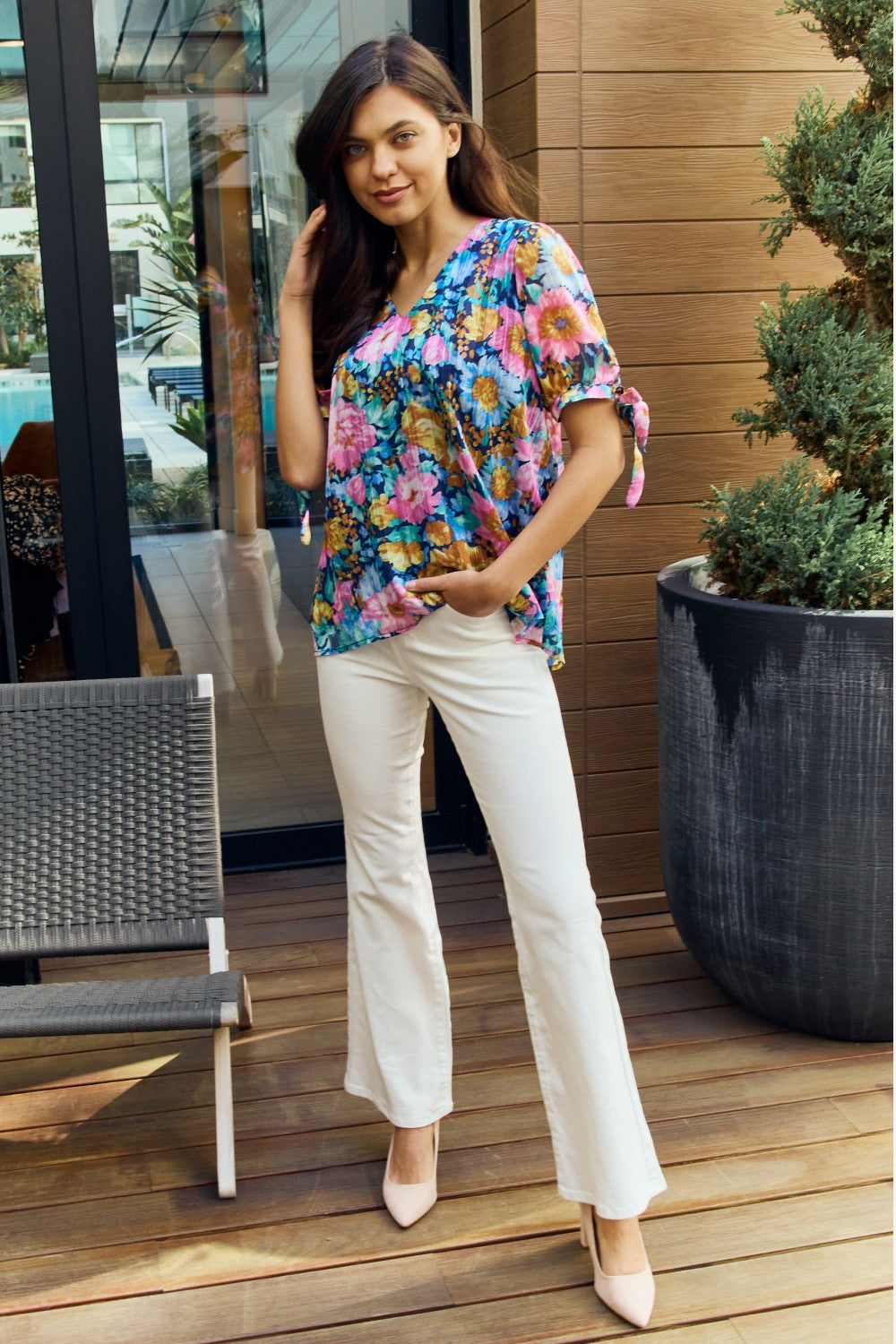 Petal Dew Full Size Floral V-Neck Tie Detail Blouse-Short Sleeve Tops-Inspired by Justeen-Women's Clothing Boutique in Chicago, Illinois