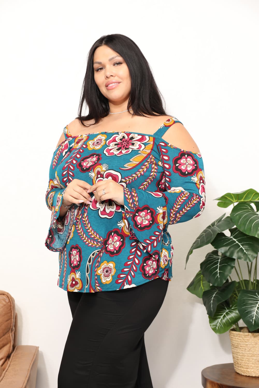 Sew In Love Full Size Floral Cold Shoulder Blouse-Long Sleeve Tops-Inspired by Justeen-Women's Clothing Boutique in Chicago, Illinois