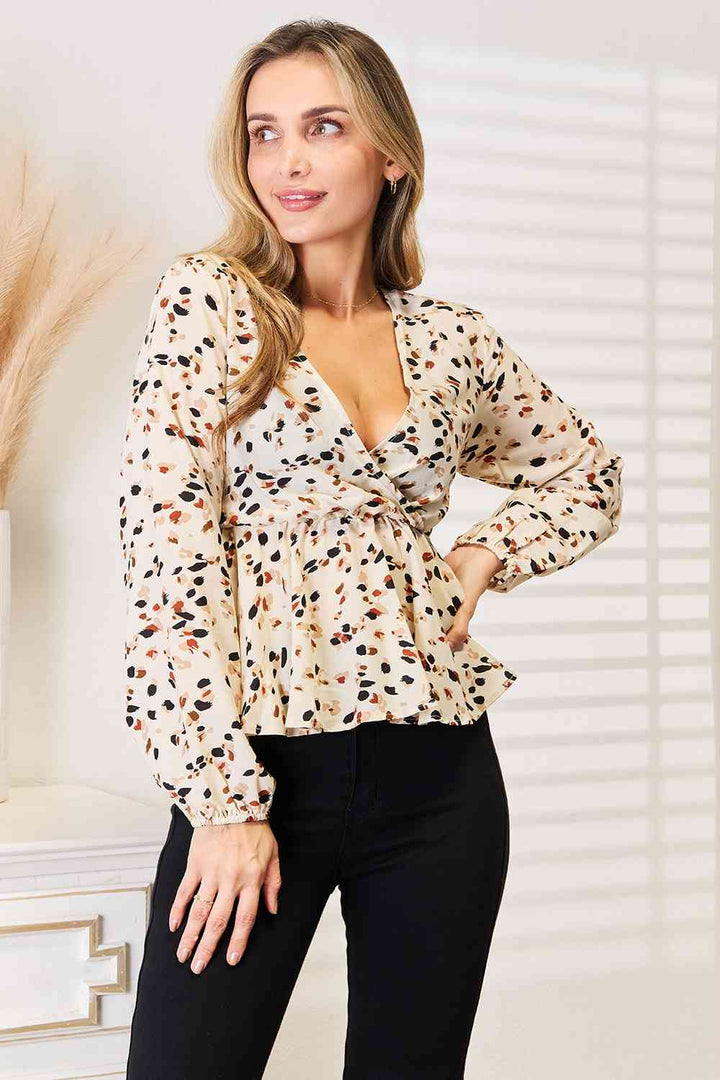 Double Take Printed Tied Plunge Peplum Blouse-Long Sleeve Tops-Inspired by Justeen-Women's Clothing Boutique in Chicago, Illinois