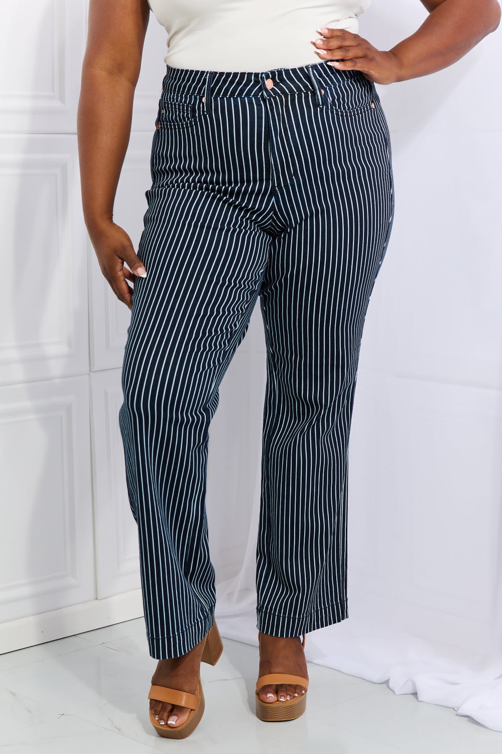 Judy Blue Cassidy Full Size High Waisted Tummy Control Striped Straight Jeans-Denim-Inspired by Justeen-Women's Clothing Boutique in Chicago, Illinois