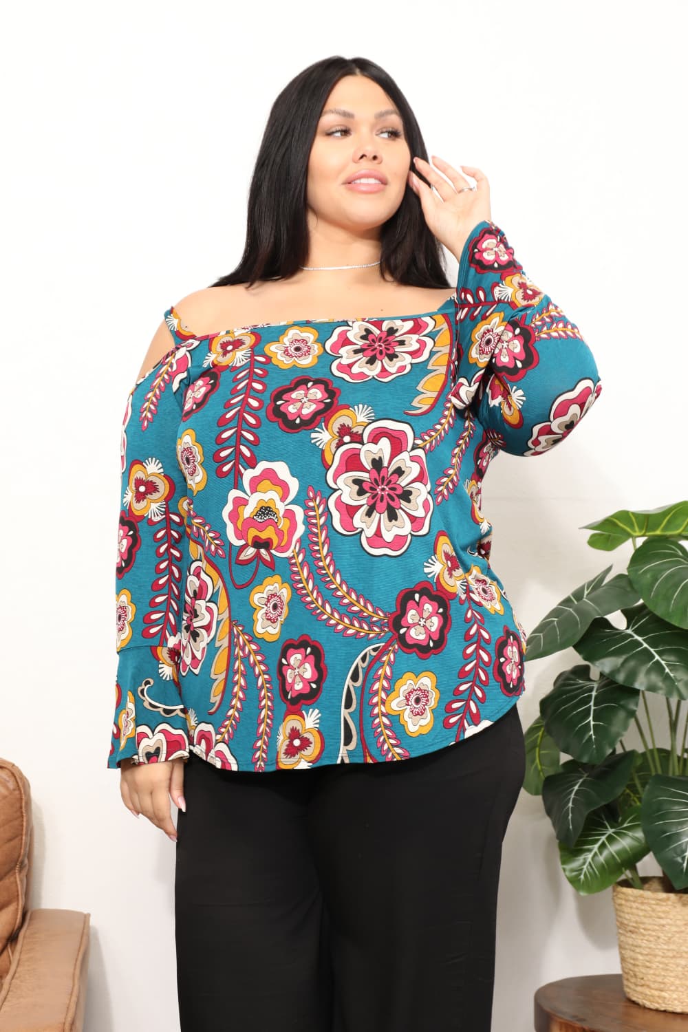 Sew In Love Full Size Floral Cold Shoulder Blouse-Long Sleeve Tops-Inspired by Justeen-Women's Clothing Boutique in Chicago, Illinois