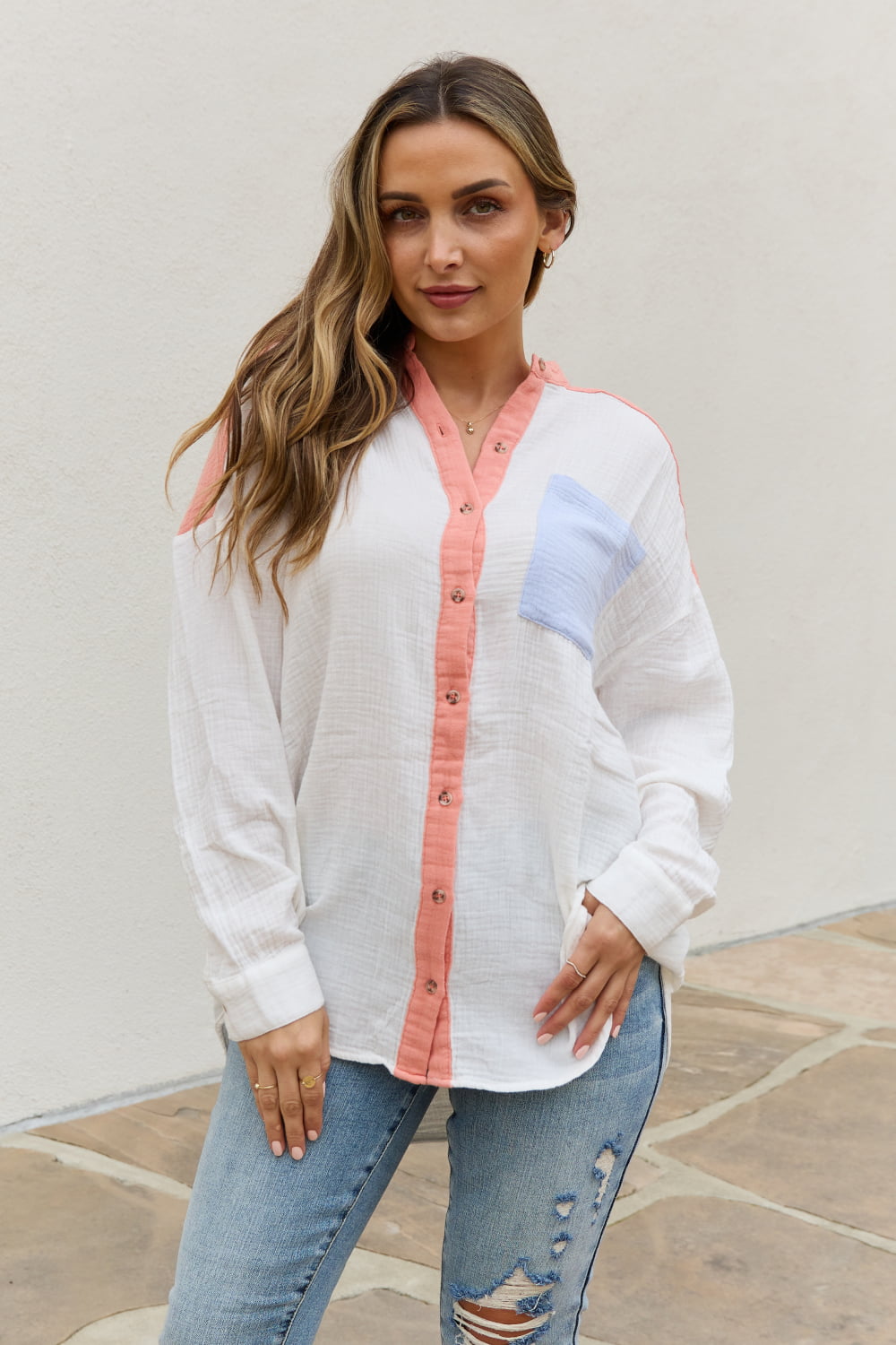 White Birch Full Size Color Block Woven Button Down Top-Long Sleeve Tops-Inspired by Justeen-Women's Clothing Boutique in Chicago, Illinois