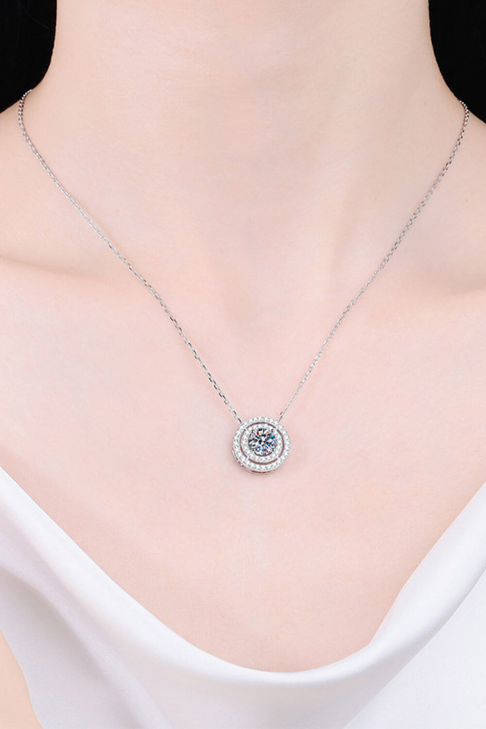 Moissanite Round Pendant Rhodium-Plated Necklace-Necklaces-Inspired by Justeen-Women's Clothing Boutique in Chicago, Illinois