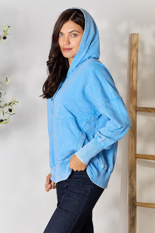 Zenana Half Snap Long Sleeve Hoodie with Pockets-Long Sleeve Tops-Inspired by Justeen-Women's Clothing Boutique in Chicago, Illinois
