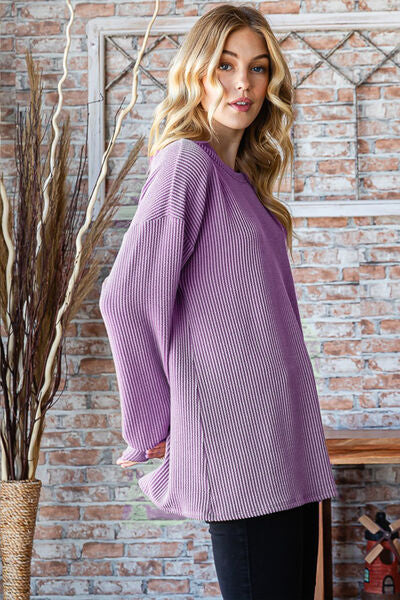 Heimish Full Size Round Neck Dropped Shoulder Blouse-Long Sleeve Tops-Inspired by Justeen-Women's Clothing Boutique in Chicago, Illinois
