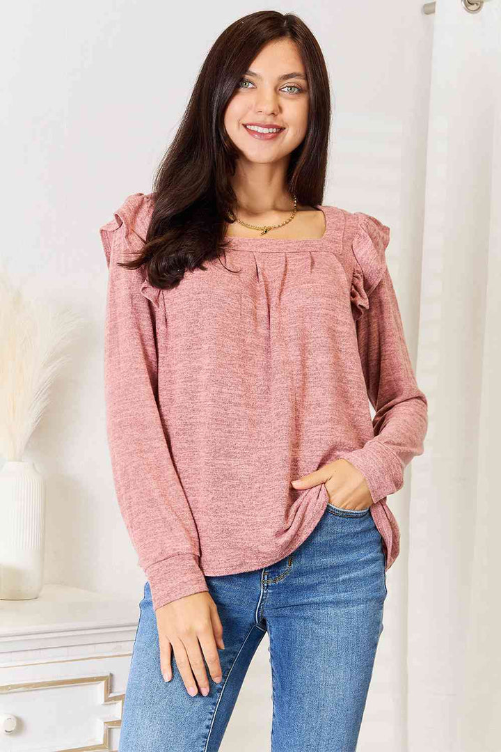 Double Take Square Neck Ruffle Shoulder Long Sleeve T-Shirt-Long Sleeve Tops-Inspired by Justeen-Women's Clothing Boutique in Chicago, Illinois