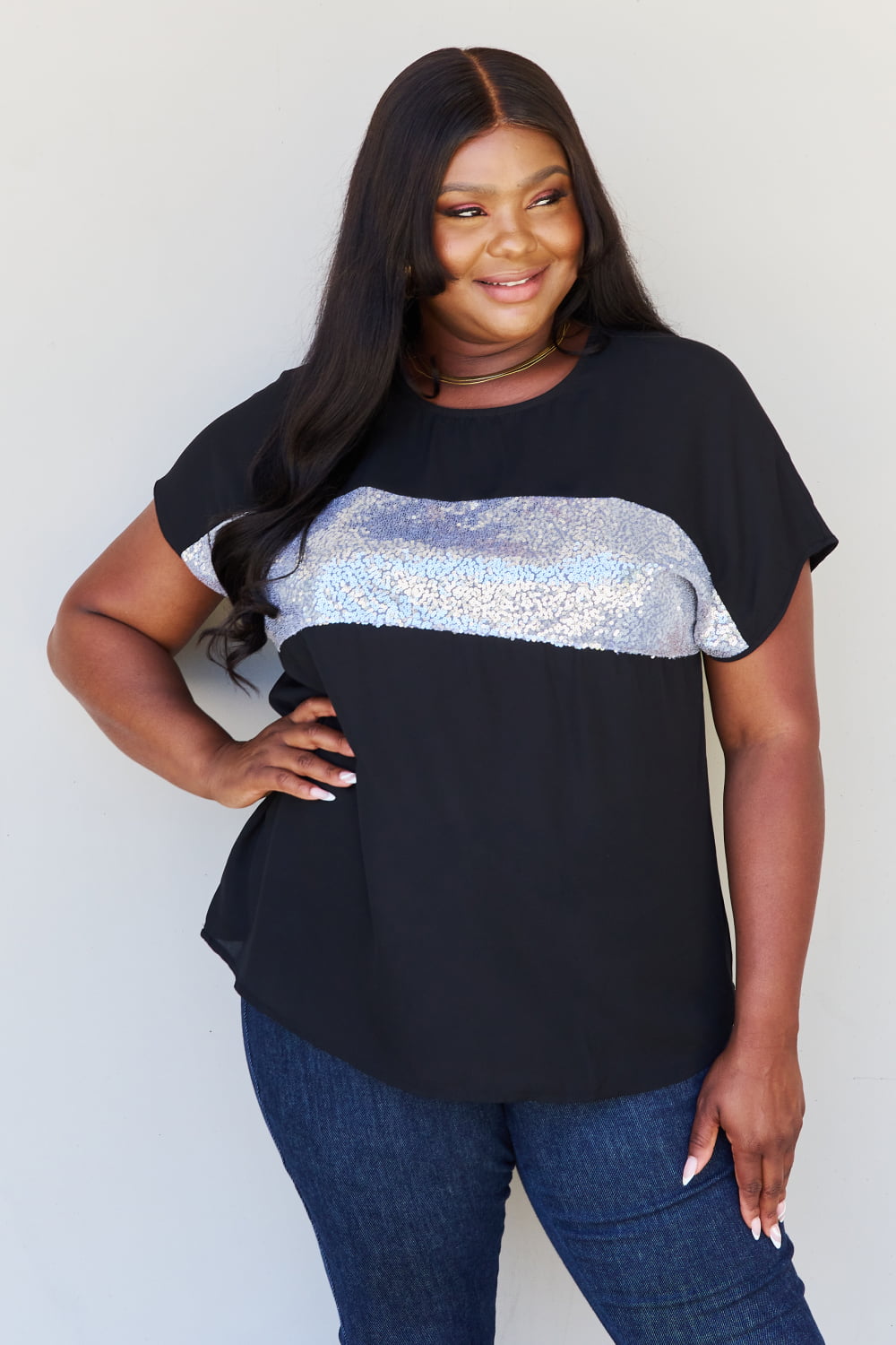 Sew In Love Shine Bright Full Size Center Mesh Sequin Top in Black/Silver-Short Sleeve Tops-Inspired by Justeen-Women's Clothing Boutique in Chicago, Illinois