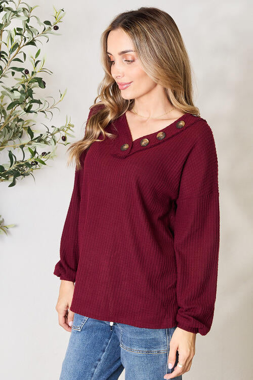 Zenana Buttoned V-Neck Long Sleeve Blouse-Long Sleeve Tops-Inspired by Justeen-Women's Clothing Boutique in Chicago, Illinois