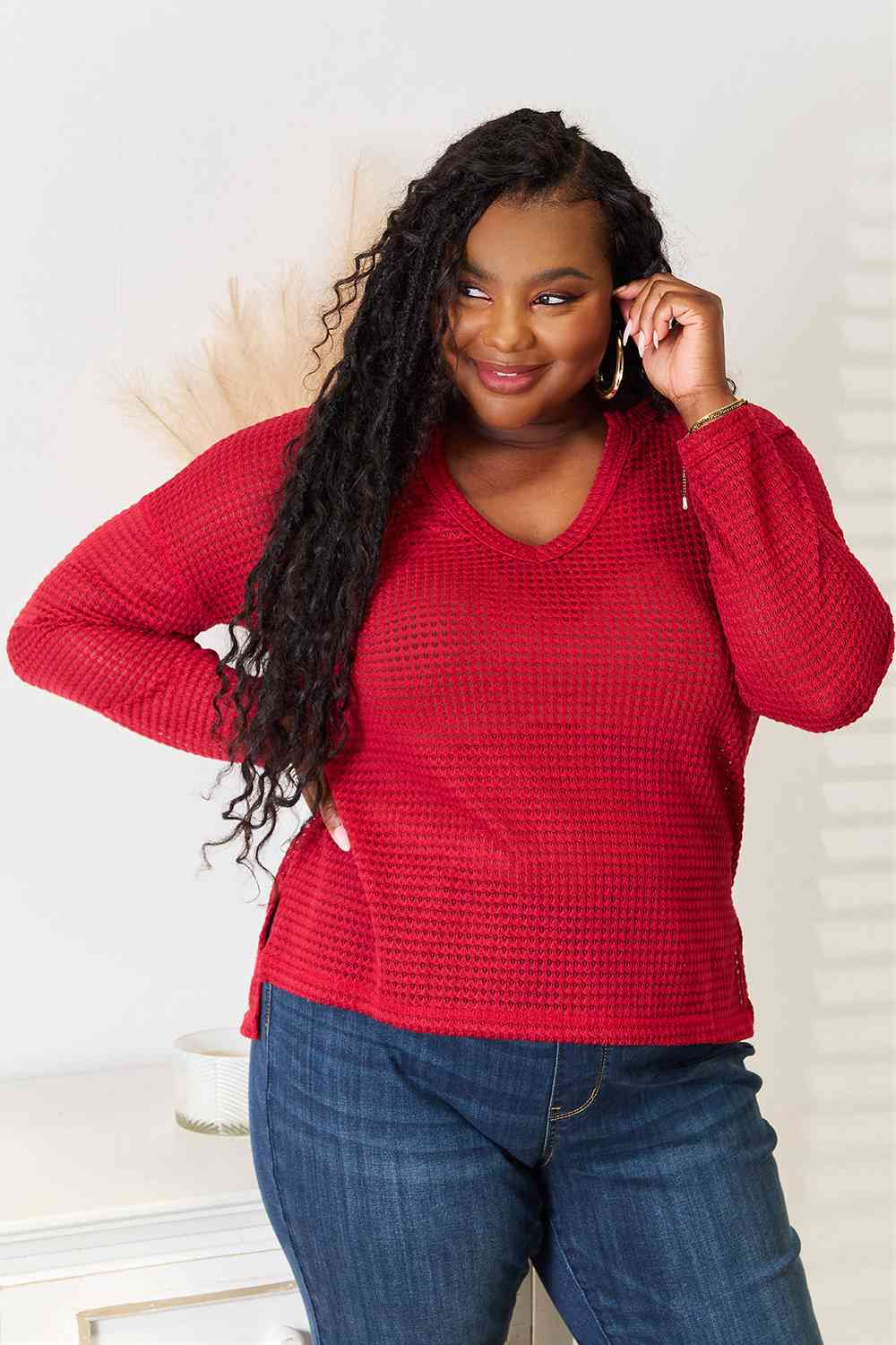 Culture Code Full Size Wide Notch Relax Top-Long Sleeve Tops-Inspired by Justeen-Women's Clothing Boutique in Chicago, Illinois