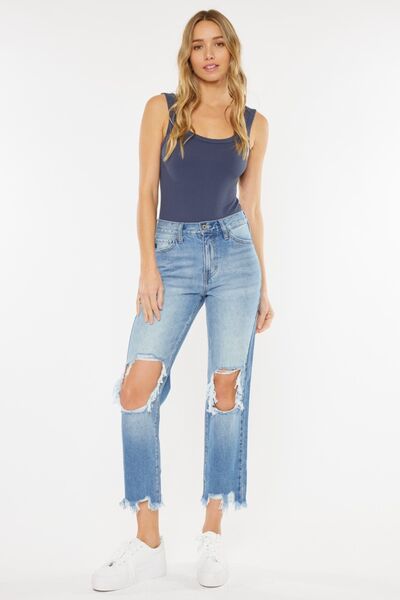 Kancan High Waist Chewed Up Straight Mom Jeans-Denim-Inspired by Justeen-Women's Clothing Boutique