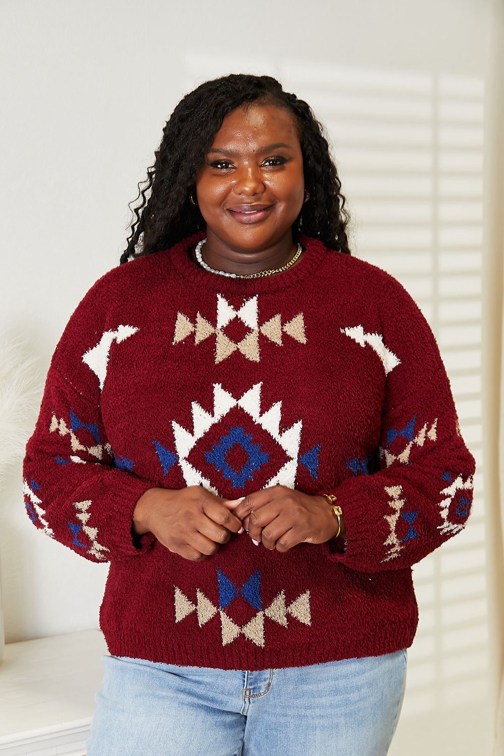 HEYSON Full Size Aztec Soft Fuzzy Sweater-Sweaters/Sweatshirts-Inspired by Justeen-Women's Clothing Boutique