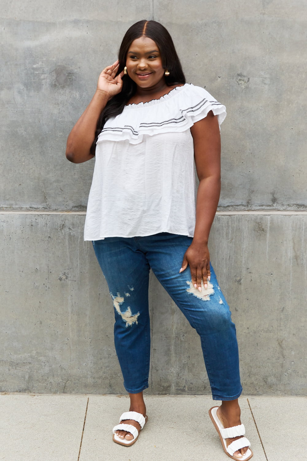 ODDI Full Size Off The Shoulder Ruffle Blouse-Short Sleeve Tops-Inspired by Justeen-Women's Clothing Boutique in Chicago, Illinois