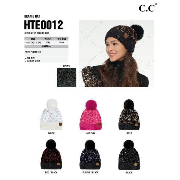 C.C. Brand Sequin Fur Pom Beanie-Hats-Inspired by Justeen-Women's Clothing Boutique in Chicago, Illinois