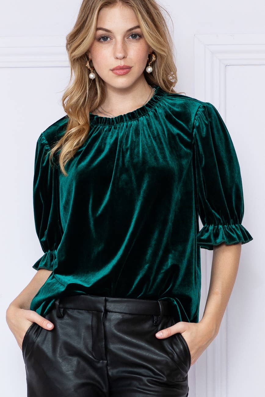 Paulina Velvet Short Sleeve Ruffle Top, Hunter Green-Short Sleeve Tops-Inspired by Justeen-Women's Clothing Boutique in Chicago, Illinois