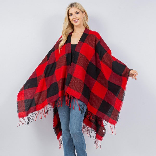 Jessa Chunky Knit Plaid Ruana Wrap With Tassel Edges-Scarves-Inspired by Justeen-Women's Clothing Boutique in Chicago, Illinois