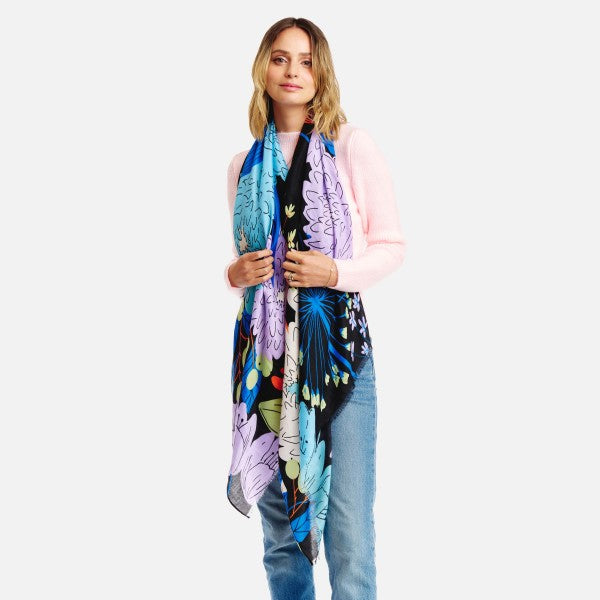 Sara Large Print Floral Scarf With Short Fringe Edge-Scarves-Inspired by Justeen-Women's Clothing Boutique in Chicago, Illinois