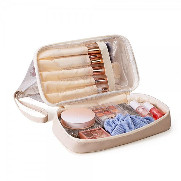 Clear 'Stuff' Chenille Patch Double Layer Makeup Bag With Brush Pocket-200 Purses/Bags-Inspired by Justeen-Women's Clothing Boutique in Chicago, Illinois