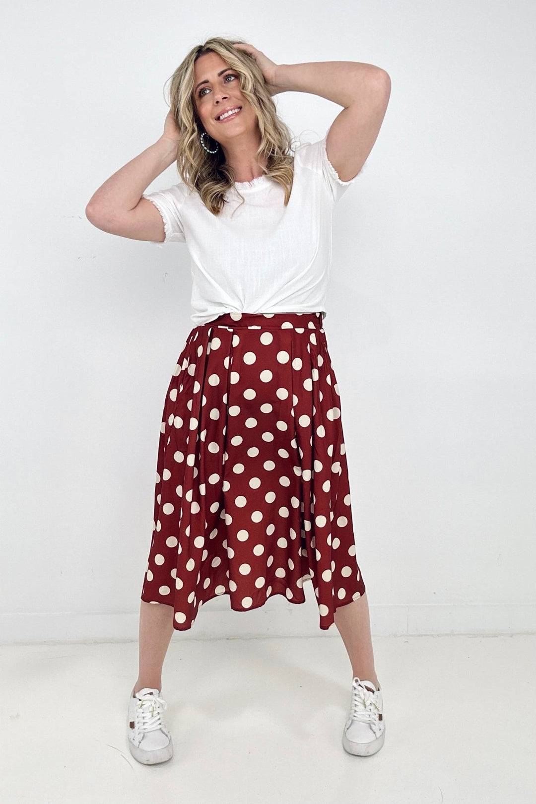 Jade By Jane Polka Dot Pleated Midi Skirt-Skirts-Inspired by Justeen-Women's Clothing Boutique in Chicago, Illinois