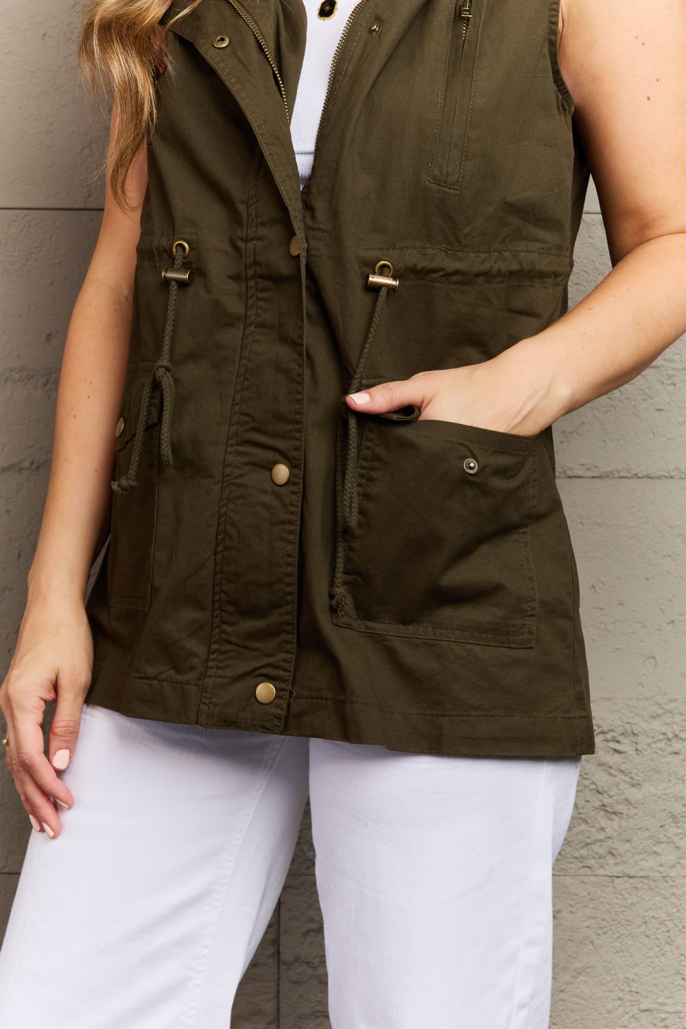 Zenana More To Come Full Size Military Hooded Vest-Outerwear-Inspired by Justeen-Women's Clothing Boutique in Chicago, Illinois