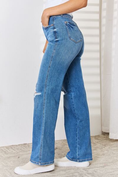 Judy Blue Full Size High Waist Distressed Straight-Leg Jeans-Denim-Inspired by Justeen-Women's Clothing Boutique in Chicago, Illinois