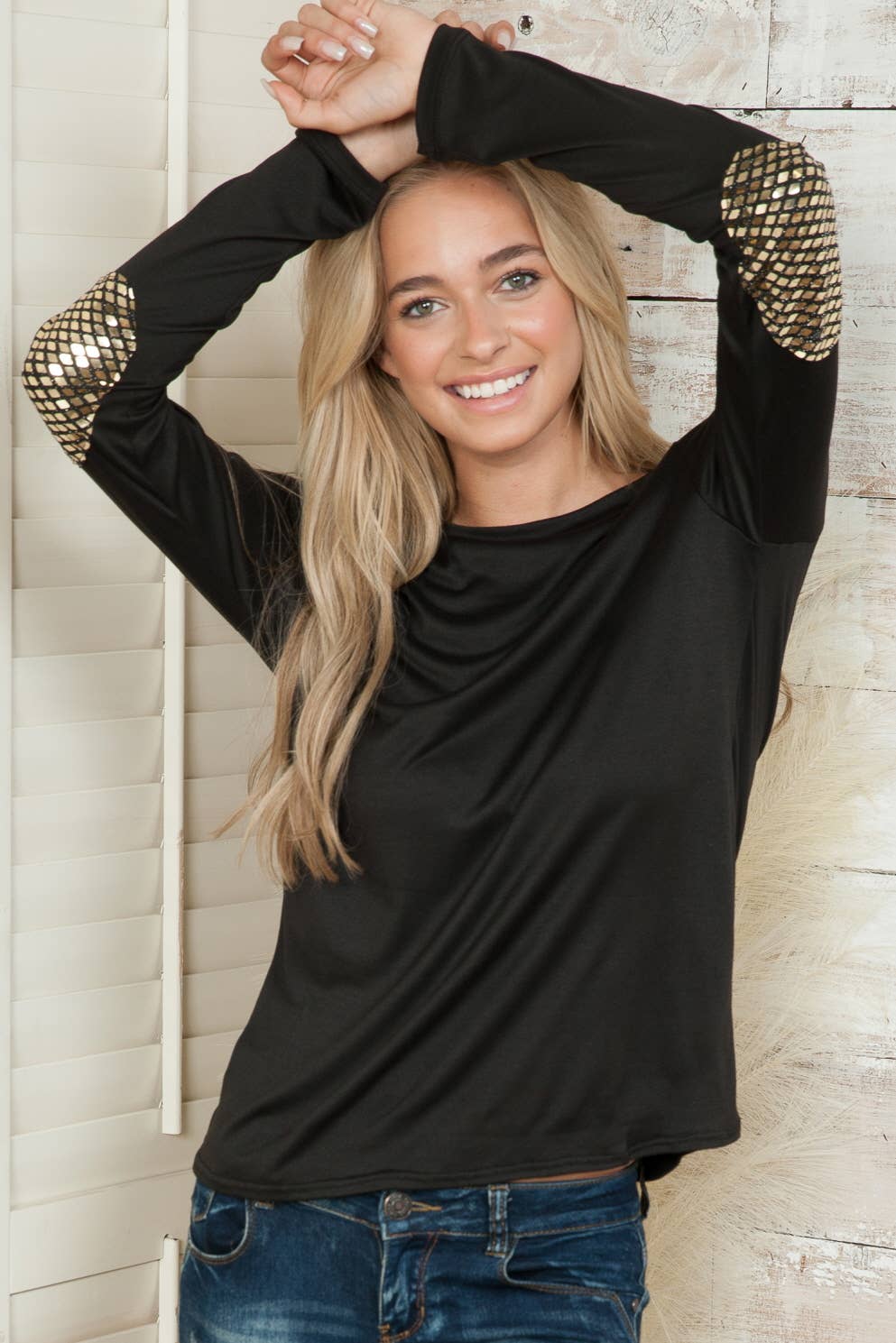 Debra Long Sleeve Sequin Elbow Patch Top, Black-Long Sleeve Tops-Inspired by Justeen-Women's Clothing Boutique in Chicago, Illinois