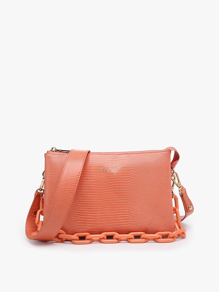 Izzy Crossbody with Chain Strap, Coral Lizard-Purses-Inspired by Justeen-Women's Clothing Boutique in Chicago, Illinois
